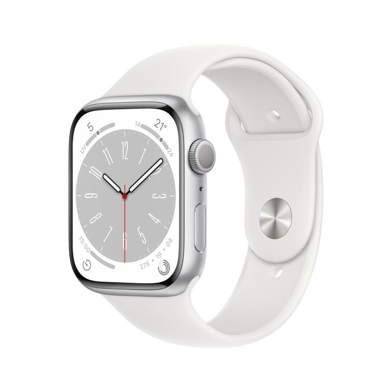 Image of Apple watch 8 45mm gps argento alluminio bianco sport band