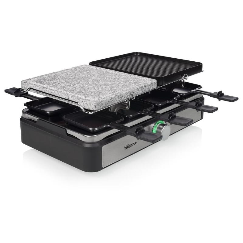 Tristar ra-2725 raclette grill e pietra 1400w 2 zone 21x23 cm rivestimento antiaderente termostato regolabile con 8 pentoline nero