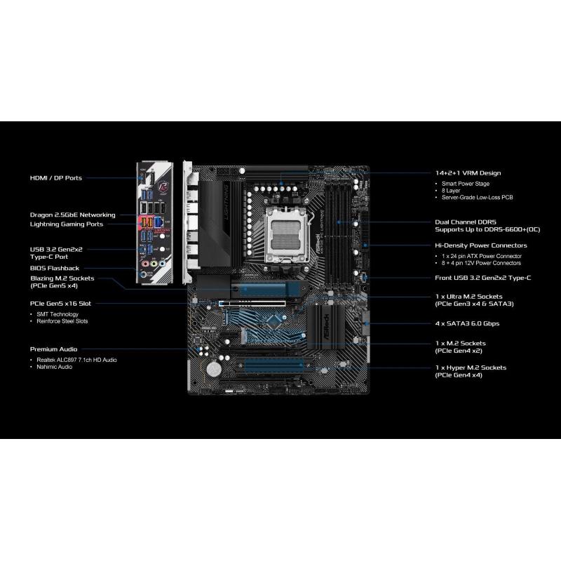 Asrock mb amd x670, x670e pg lightning am5, 4ddr5, 4sata, 1pci-e 5.0, 1pci-e 4.0 atx